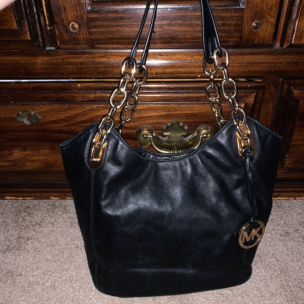 MK Leather Bucket Bag w/ Gold chains